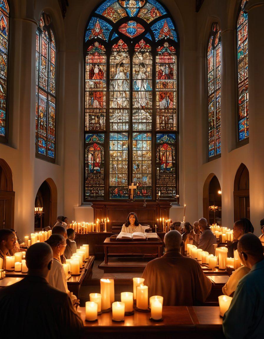 A serene, ethereal church interior bathed in warm golden light, featuring diverse individuals in joyful worship, hands raised in praise, surrounded by soft glowing candles and vibrant stained glass windows. In the foreground, an open Bible with glowing verses symbolizing gospel truths. The atmosphere conveys peace, inspiration, and spiritual upliftment. super-realistic. vibrant colors. 3D.