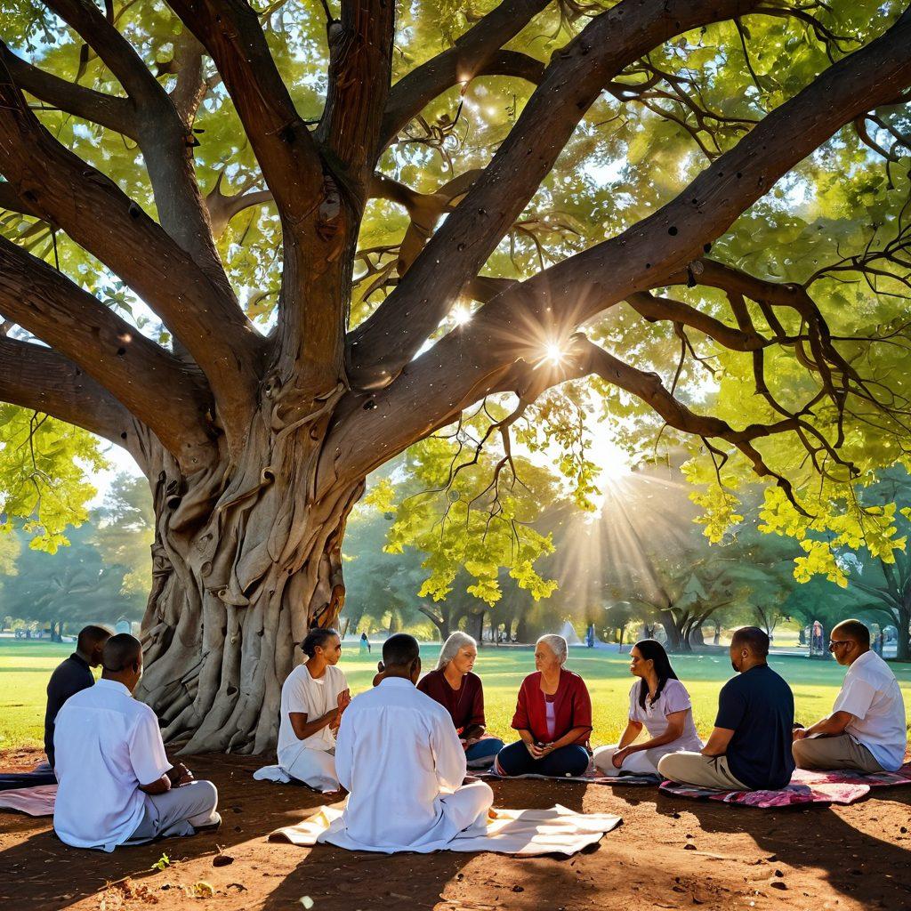 A serene community gathering under a large, ancient tree, where diverse individuals are sharing stories and moments of prayer in a warm, inviting atmosphere. Soft rays of sunlight break through the leaves, casting gentle light on their faces, symbolizing hope and spiritual growth. In the background, colorful flowers bloom, representing the beauty of faith and devotion. Incorporate symbols like a dove and a glowing heart to enhance the theme of nourishment for the soul. super-realistic. vibrant colors. peaceful ambiance.