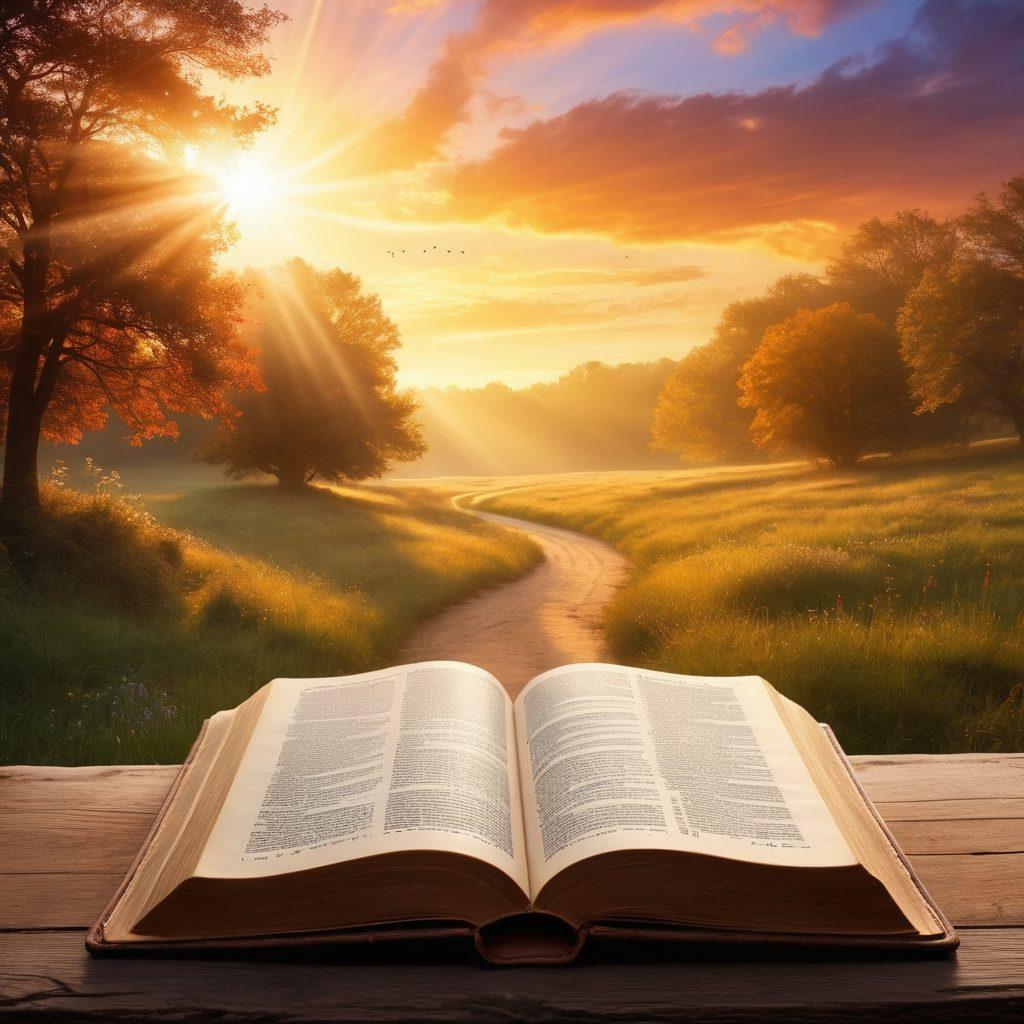 A serene landscape with a winding path leading towards a glowing open Bible surrounded by rays of light. Inspirational quotes float gently in the air, and a soft, ethereal glow envelops the scene. Silhouettes of people in prayer can be seen in the background, adding a sense of community and faith. The sky is a blend of warm sunrise colors, symbolizing hope and new beginnings. super-realistic. vibrant colors. ethereal lighting.